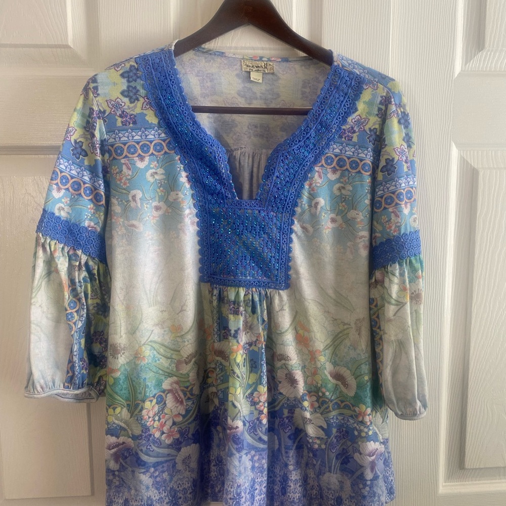 XL Lace Boho crochet ONE WORLD multicolor stretch tie-dye top tunic Miami Beach
